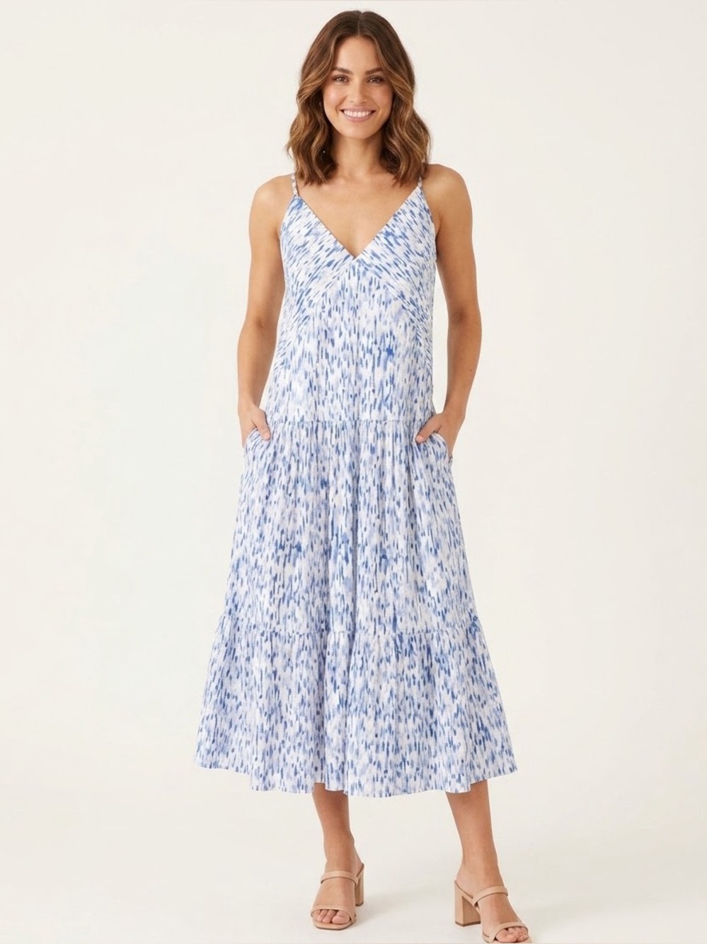 BCBG Blue and White Printed Spaghetti-Strap Maxi Dress